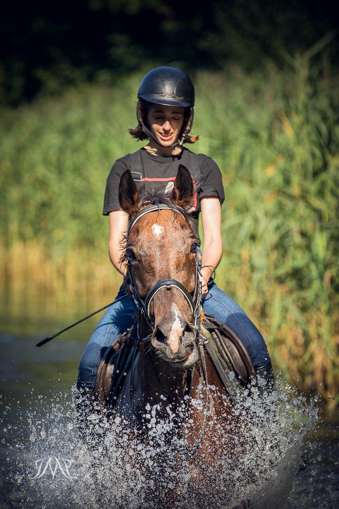 jeździec na koniu wyjeżdzający z jeziora 