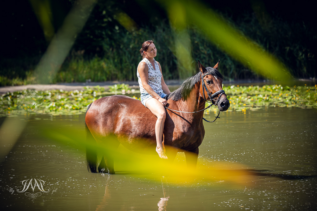 kobieta stojąca w wodzie na koniu